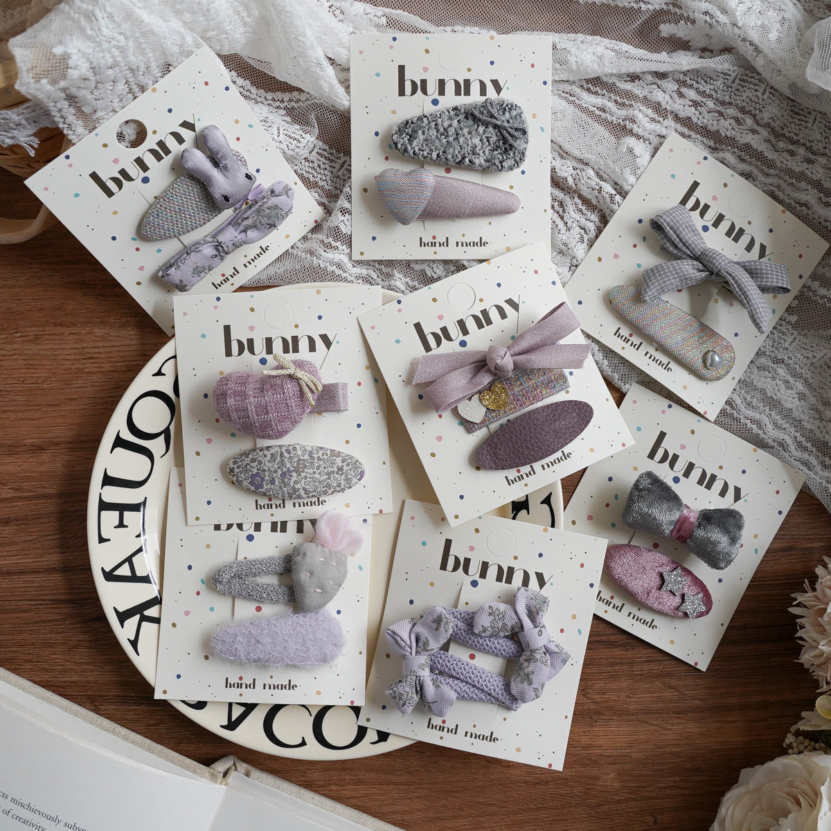 小众设计感莫兰迪灰紫系布艺几何发夹碎花蝴蝶结爱心萝卜组合发卡 - 图1