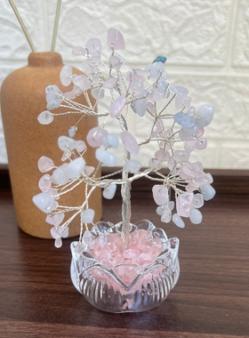天然粉水晶发财树旺桃花摆件