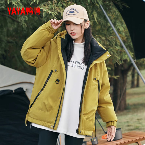 鸭鸭羽绒服男女2025年冬新款户外工装派克服连帽加厚保暖中性外套 - 图0