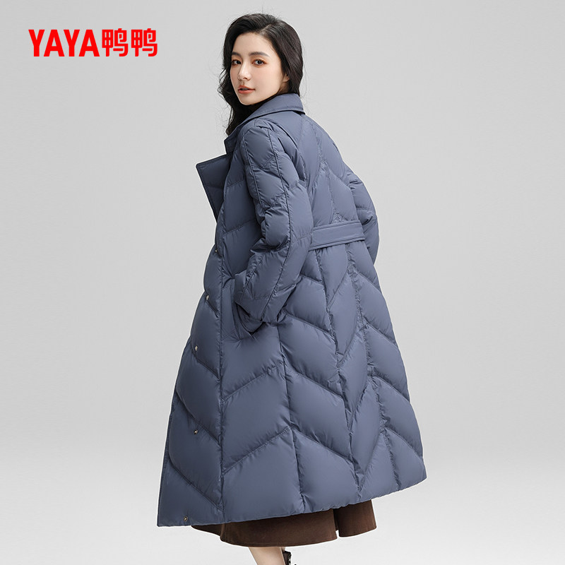 鸭鸭羽绒服女款2025秋冬反季加厚中长款西装领系带显瘦保暖外套S