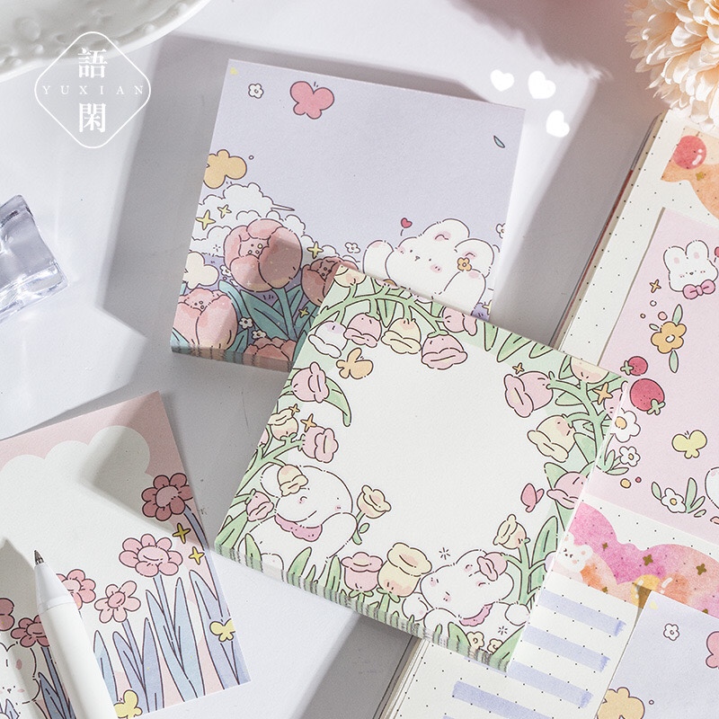 语闲 春日花园便签本花园花朵小兔子可爱便签纸无粘性便利贴100张 - 图1