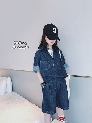 女童牛仔套装夏装2025新款时髦中大童洋气网红儿童短袖短裤两件套 - 图0