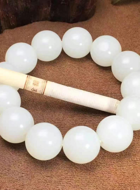 保真正品脂白新疆和田玉羊脂级白玉手链苏工精雕老坑佛珠手串18mm