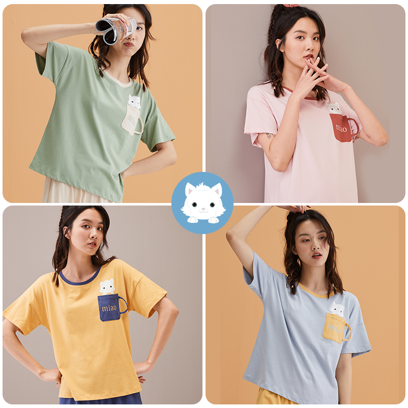 顶瓜瓜品牌旗舰店顶瓜瓜睡衣女夏纯棉薄款短袖七分裤新可爱卡通宽松学生家居服套装1