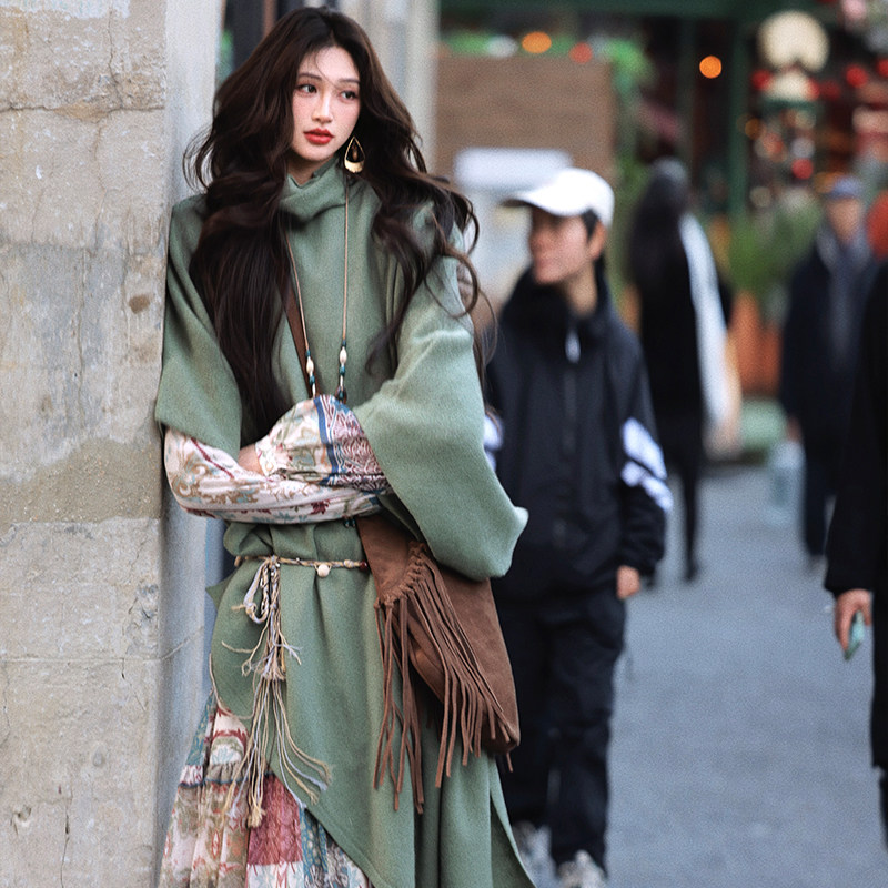 AZure温柔风复古绿色印花连衣裙灯笼袖大裙摆荷叶长裙V领雪纺裙女,淘宝优惠券,粉丝福利购,淘宝优惠卷