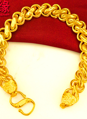 镀黄金手链男土豪粗福字扁链送父亲男友镀沙金手链大宽可刻字