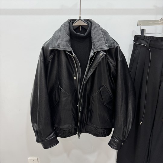 Winter new american retro splicing fake two-piece down jacket men's loose pu leather warm motorcycle jacket jacket