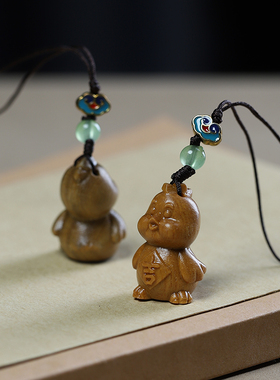 檀木雕刻小鸡吉利钥匙扣手机挂件