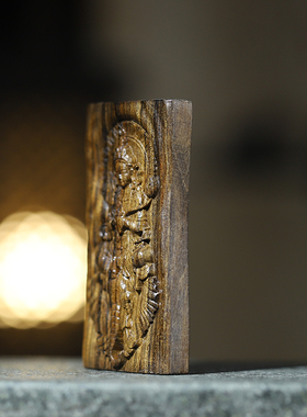 沉香木雕刻单面普贤牌子吊坠挂件