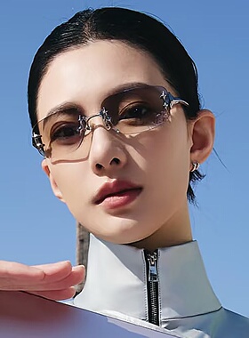老钱风墨镜女款欧美风复古无框Y2K辣妹街拍眼镜防紫外线太阳镜男
