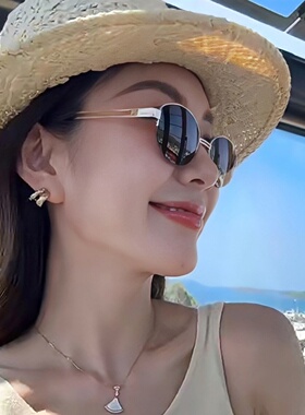 老钱风金属半框椭圆猫眼墨镜女海边度假高级感方圆脸太阳眼镜防晒