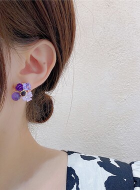 爆款紫色亚克力花朵耳钉夏