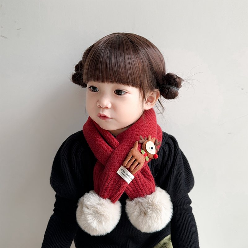 圣诞儿童围巾冬季2024新款红色女童男孩宝宝韩版保暖针织交叉围脖,淘宝优惠券,粉丝福利购,淘宝优惠卷