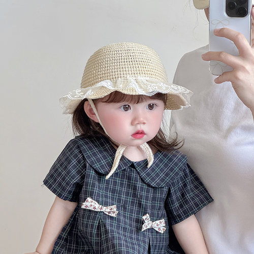 婴儿帽子夏季薄款透气编织草帽女宝宝小月龄出游沙滩洋气渔夫帽潮 - 图0