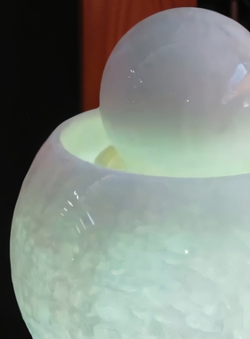 天然幻彩白玉石桌面风水球手工抛真光喷泉流水摆件转动饰品可发光