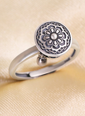 纯银六字真言转经轮做旧戒指