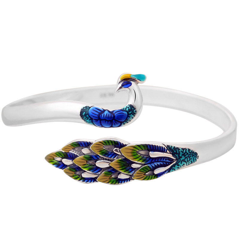 999景泰蓝孔雀复古民族风纯银手镯 佳人饰界手镯