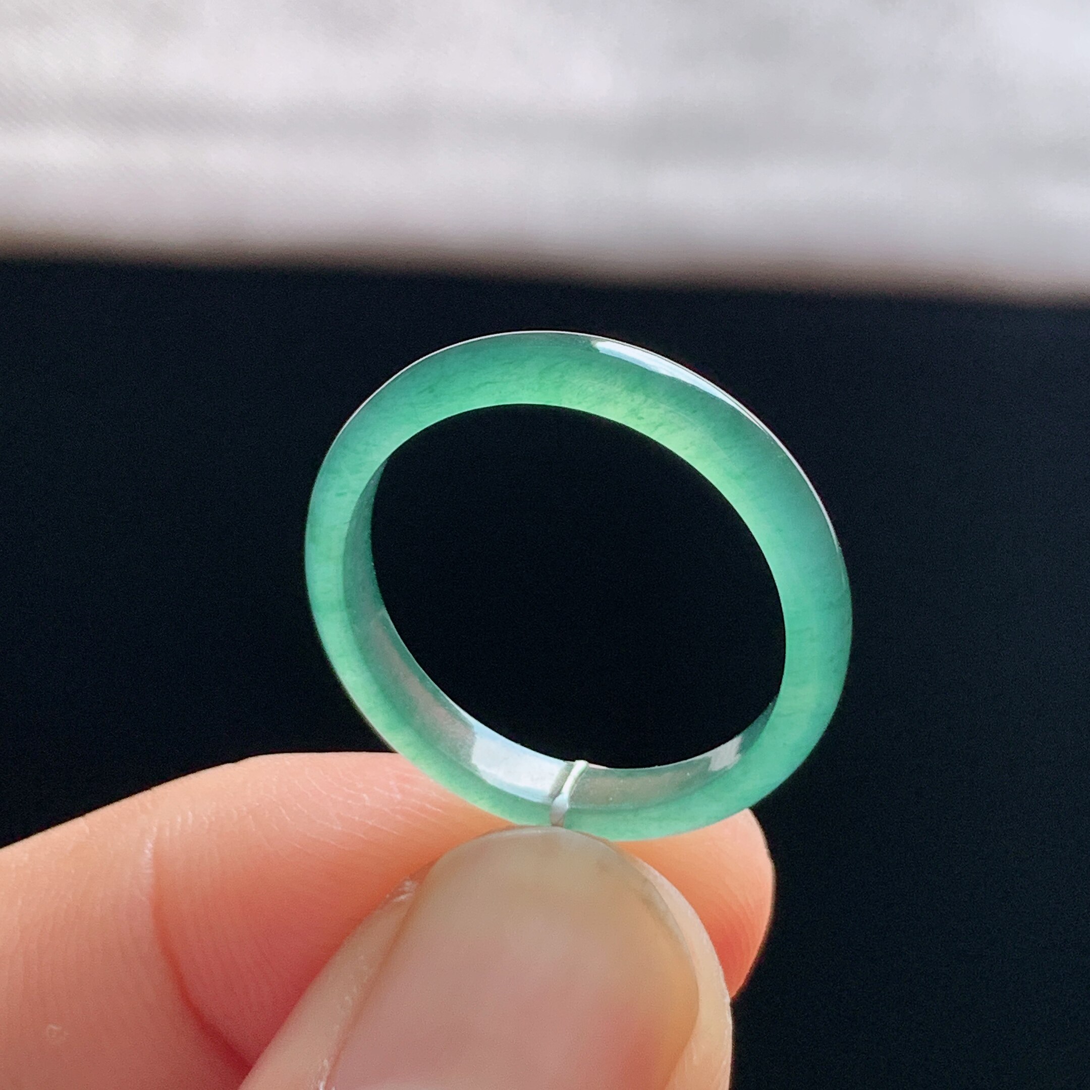 Natural A-grade ice clear water green jade ring