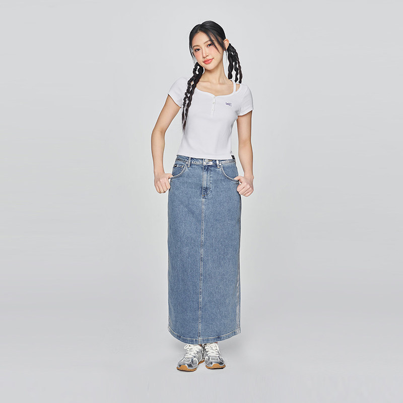 Lee女牛仔直筒半裙中蓝色箔片效果