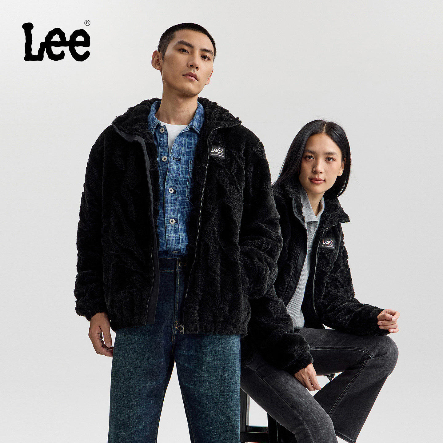 Lee25秋冬新品舒适版立领织标Logo黑色男女同款摇粒绒棉服外套,淘宝优惠券,粉丝福利购,淘宝优惠卷