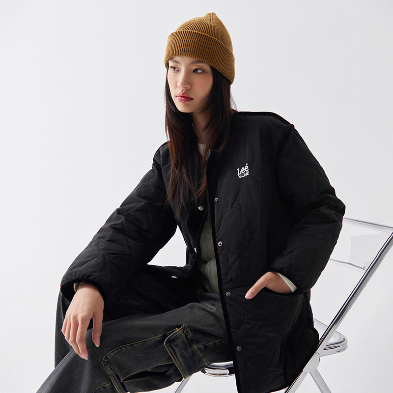 Lee舒适版圆领丝绒滚边黑色女羽绒夹克外套休闲潮流LWT008952205 - 图3