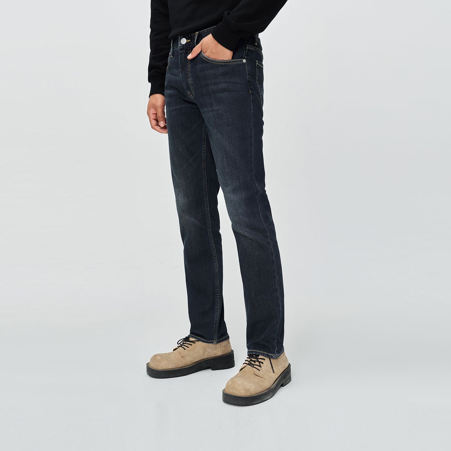 【张凌赫代言】Lee25冬新723修身中腰直筒磨毛深蓝色男保暖牛仔裤 - 图2