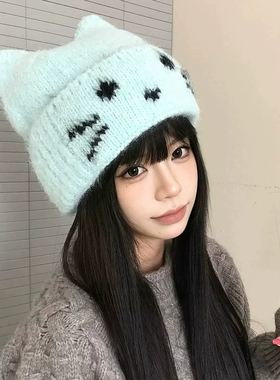 韩系可爱猫耳朵针织帽女秋冬保暖毛线帽子显脸小防寒护耳包头冷帽