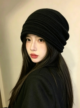 韩系黑色针织毛线帽子女款秋冬防寒堆堆帽大头围保暖护耳包头冷帽