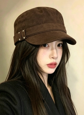 韩系复古麂皮绒鸭舌帽子女款秋冬时尚减龄报童帽显脸小平顶马术帽