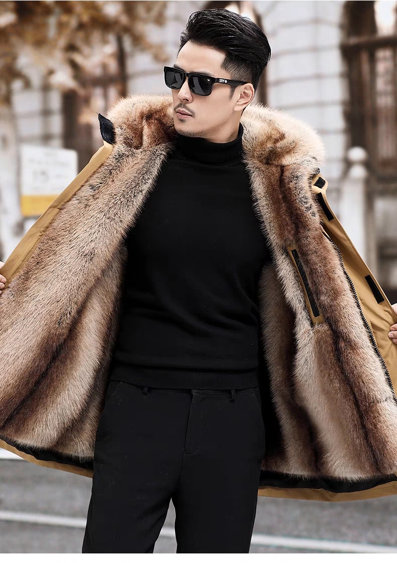 派克服男款皮草2023冬新款皮毛一体内胆可拆卸中长款加厚保暖大衣 - 图0