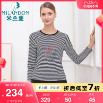 Milan Den Middle Aged Mother Dress 2023 Fall New Round Collar Fashion Striped T-shirt Display Slim Long Sleeve Blouse