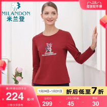 Milan Den Middle Aged Mother Dress 2023 Fall New Round Collar Long Sleeve Fashion Hot Drill Printed T-shirt Big Code