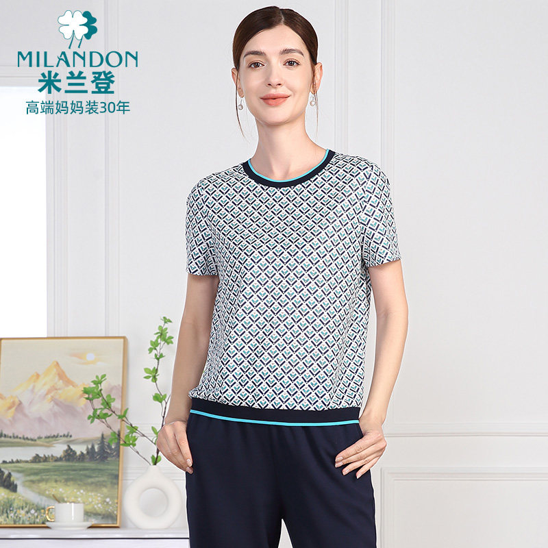 米兰登中老年妈妈装2025年夏季新款时尚圆领印花T恤女短袖上衣薄,淘宝优惠券,粉丝福利购,淘宝优惠卷