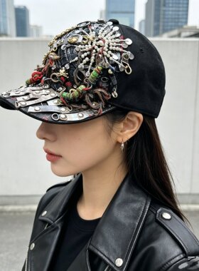 朋克风链条铆钉平沿帽子男女二次元重工鳄鱼皮灯塔装饰嘻哈棒球帽
