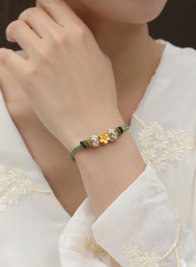 s925纯银桃花手链女手工编织手绳中国风感首饰品秋冬