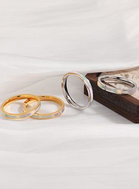 韩版时尚新款轻奢周圈天然白母贝戒指女个性百搭镀金钛钢食指指环