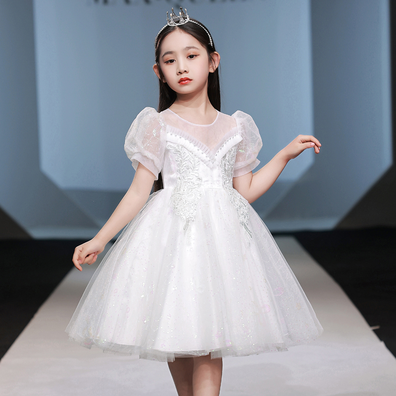 女童公主裙钢琴演出服六一白色主持人高端儿童礼服花童婚礼小女孩 - 图0