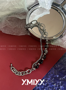 原创设计不锈钢钢拼接手链男女街头小众嘻哈双层链条裂纹珠串珠