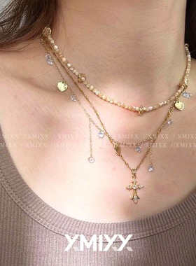vintage十字架米珠叠戴项链女