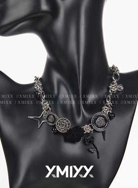 XMIXX朋克荆棘玫瑰绒花锁骨链