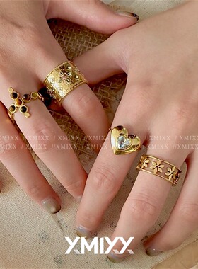 花朵十字爱心钛钢镀18K叠戴戒指