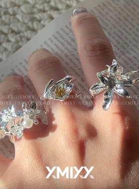 韩系山茶花银叶开口戒指女小众