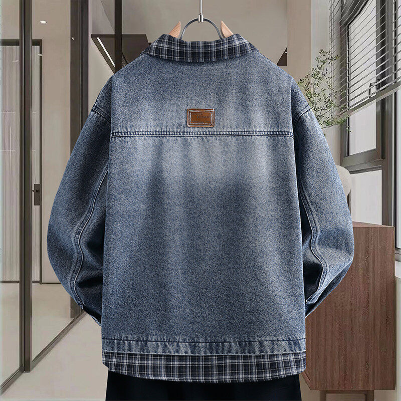 格子拼接假两件牛仔外套男士春秋季高级感痞帅夹克青少年男装褂子,淘宝优惠券,粉丝福利购,淘宝优惠卷