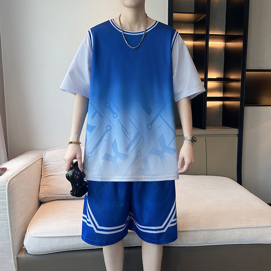 冰丝套装男夏季渐变色篮球服初高中学生短袖t恤宽松速干运动短裤