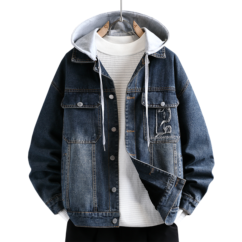 字母刺绣牛仔外套男加绒加厚秋冬季工装夹克韩版潮帅气青少年棉衣 - 图3