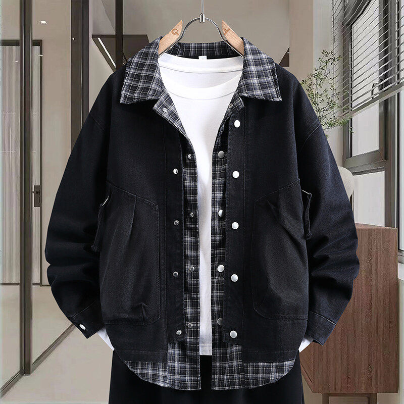格子拼接假两件牛仔外套男士春秋季高级感痞帅夹克青少年男装褂子,淘宝优惠券,粉丝福利购,淘宝优惠卷