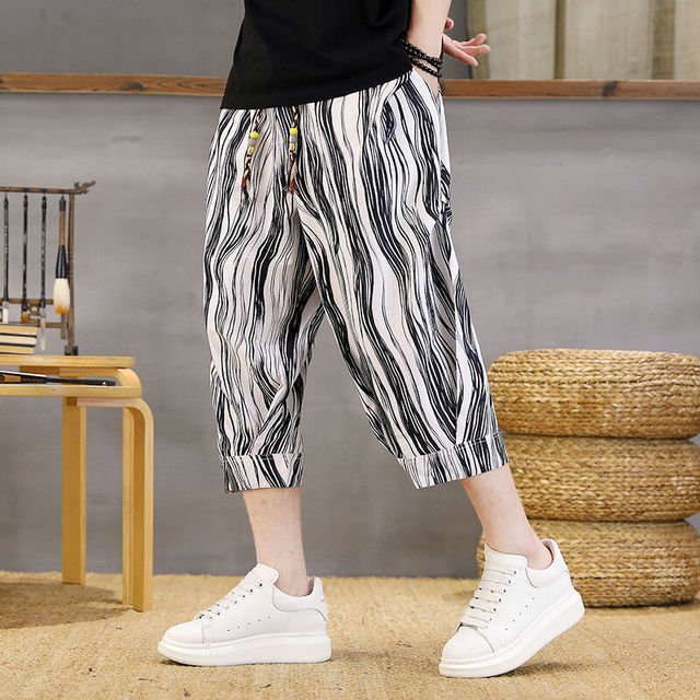 2025 New Trendy Brand Cropped Pants Men's Summer Thin Ice Silk Shorts Trendy Design Casual 7-Point Harem Pants