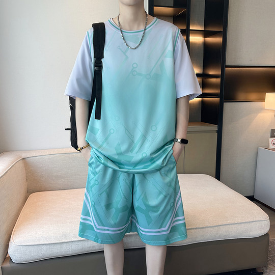 冰丝套装男夏季渐变色篮球服初高中学生短袖t恤宽松速干运动短裤