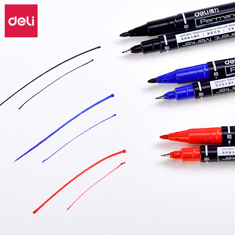 得力双头记号笔黑色油性小细头勾线笔绘画美术描边笔学生用文具标记不易断墨防水速干红色马克笔办公签字笔,淘宝优惠券,粉丝福利购,淘宝优惠卷