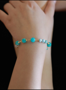 原创老矿天河石多宝天然水晶手链搭配海纹月光石美国进口14k包金